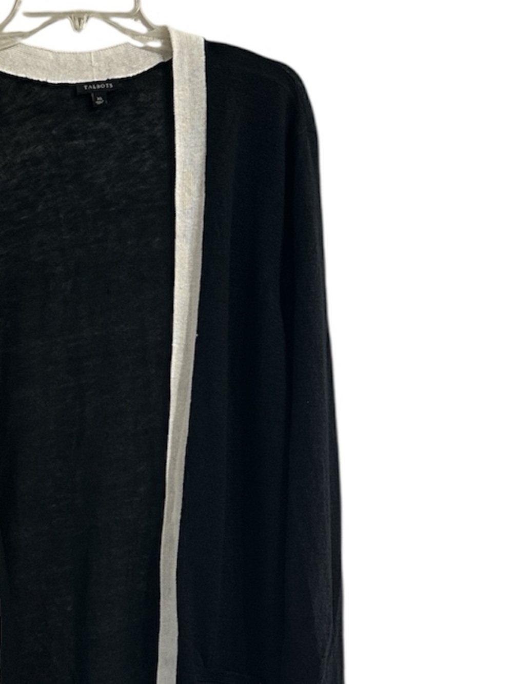 Talbots Medium Black Ivory Linen Blend Long Line Duster Cardigan Sweater Pockets - Picture 2 of 6